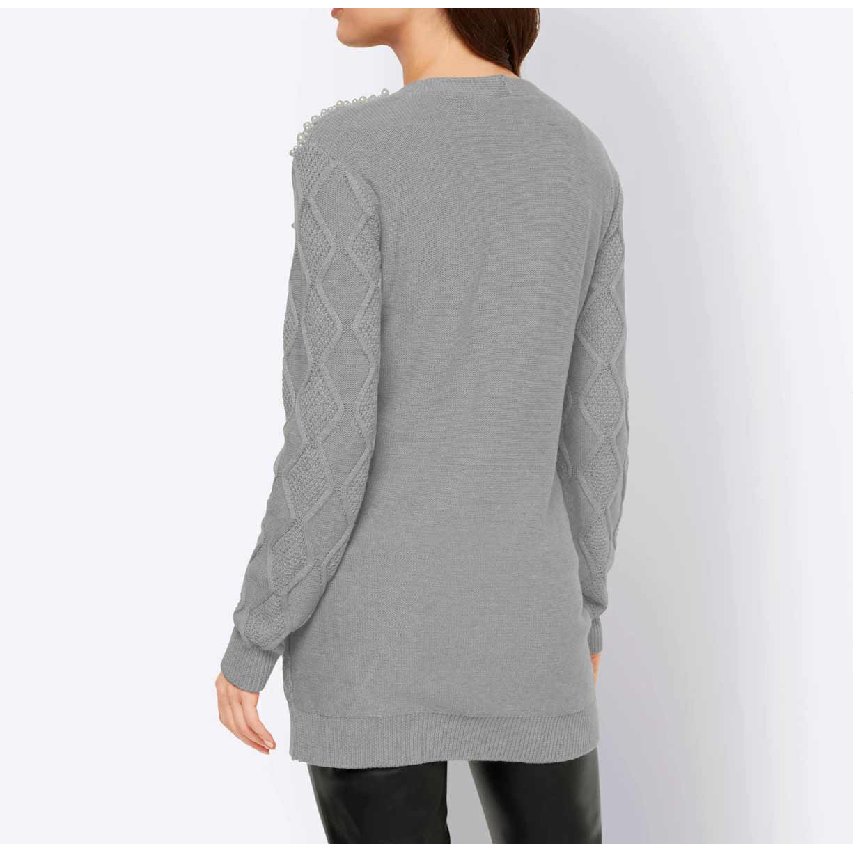 Designer-Longstrickjacke m. Perlen grau
