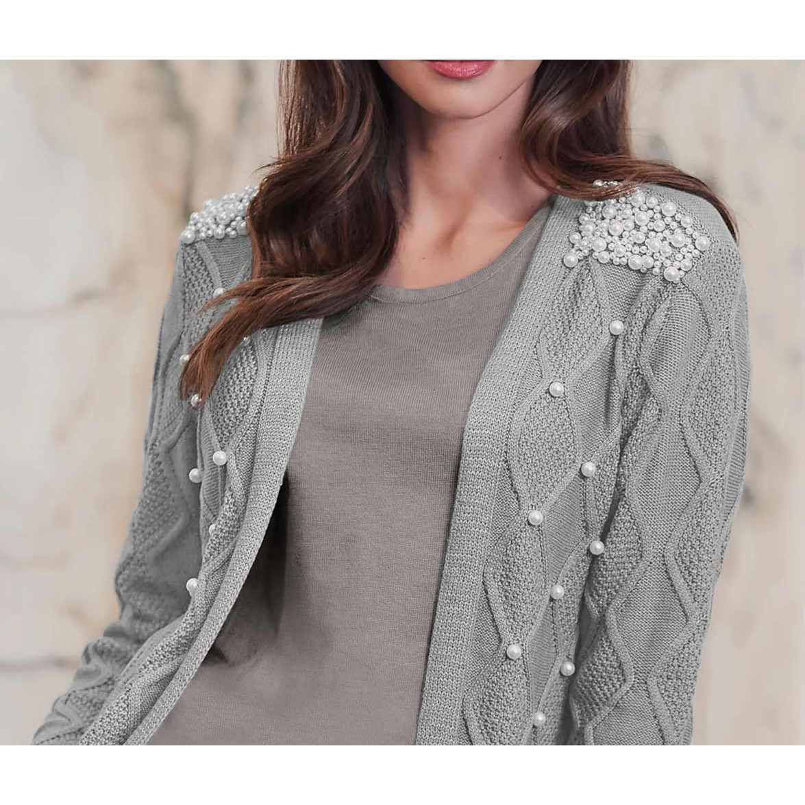 Designer-Longstrickjacke m. Perlen grau