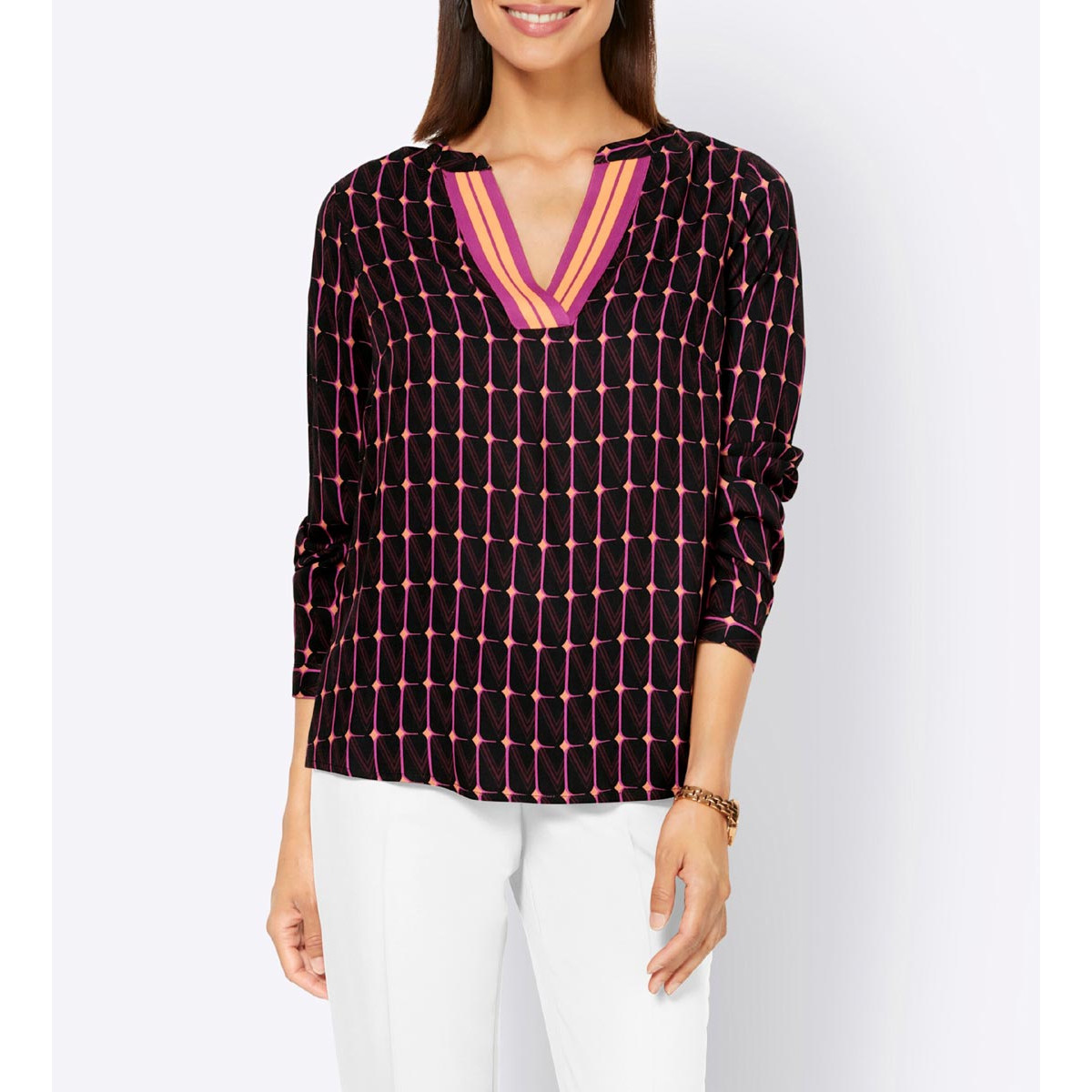 Designer-Druckbluse schwarz-magenta-orange