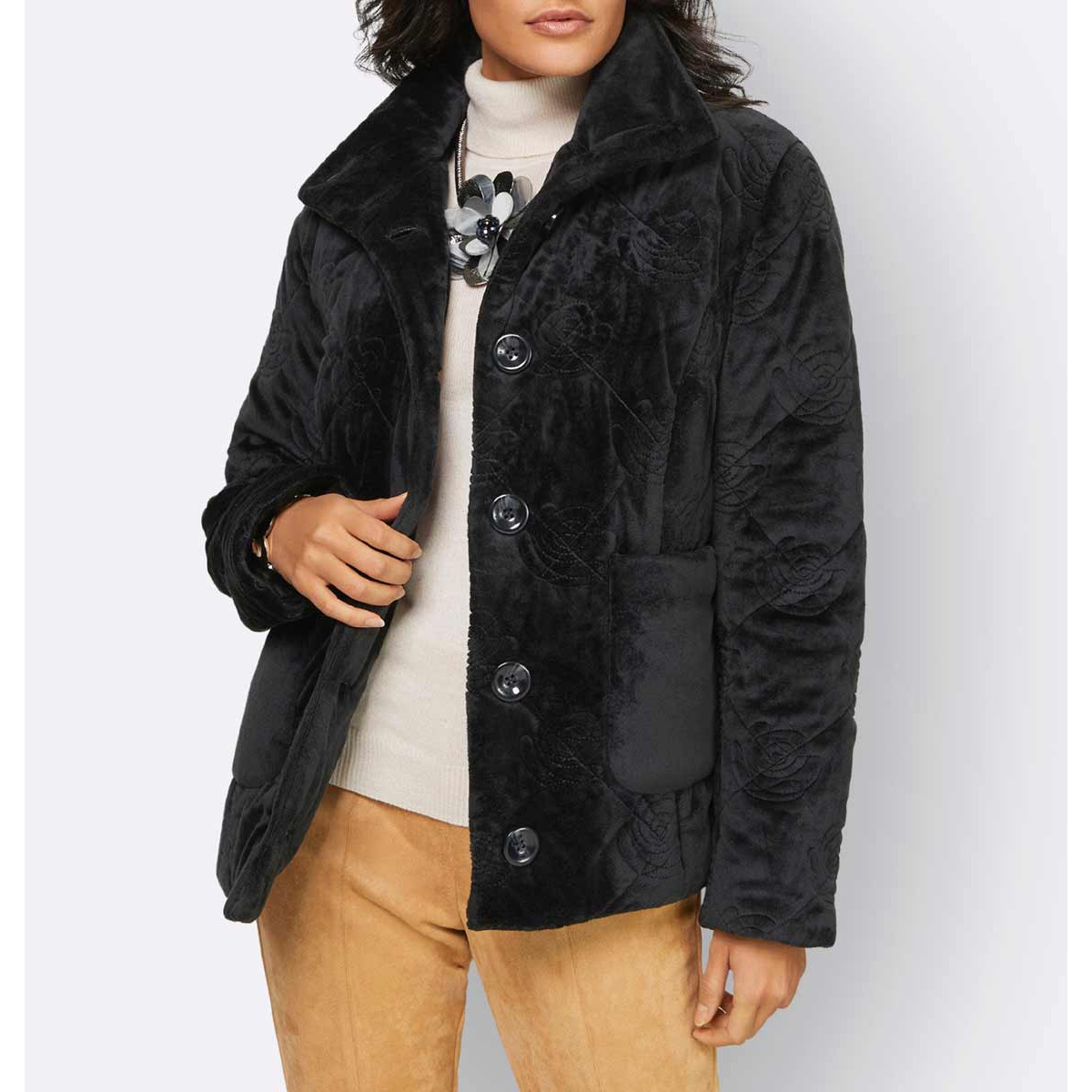 Samt-Steppjacke m.Blüten-Stickereien schwarz