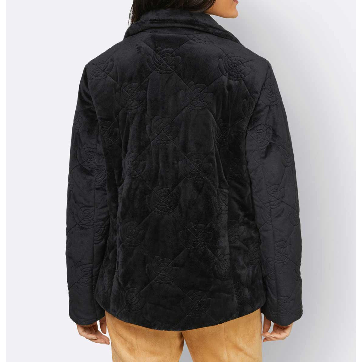 Samt-Steppjacke m.Blüten-Stickereien schwarz