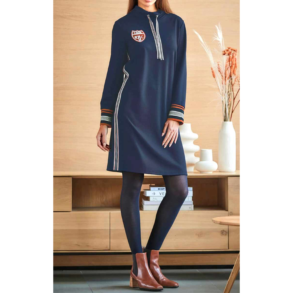 Designer-Sweat-Kleid marine-rostrot