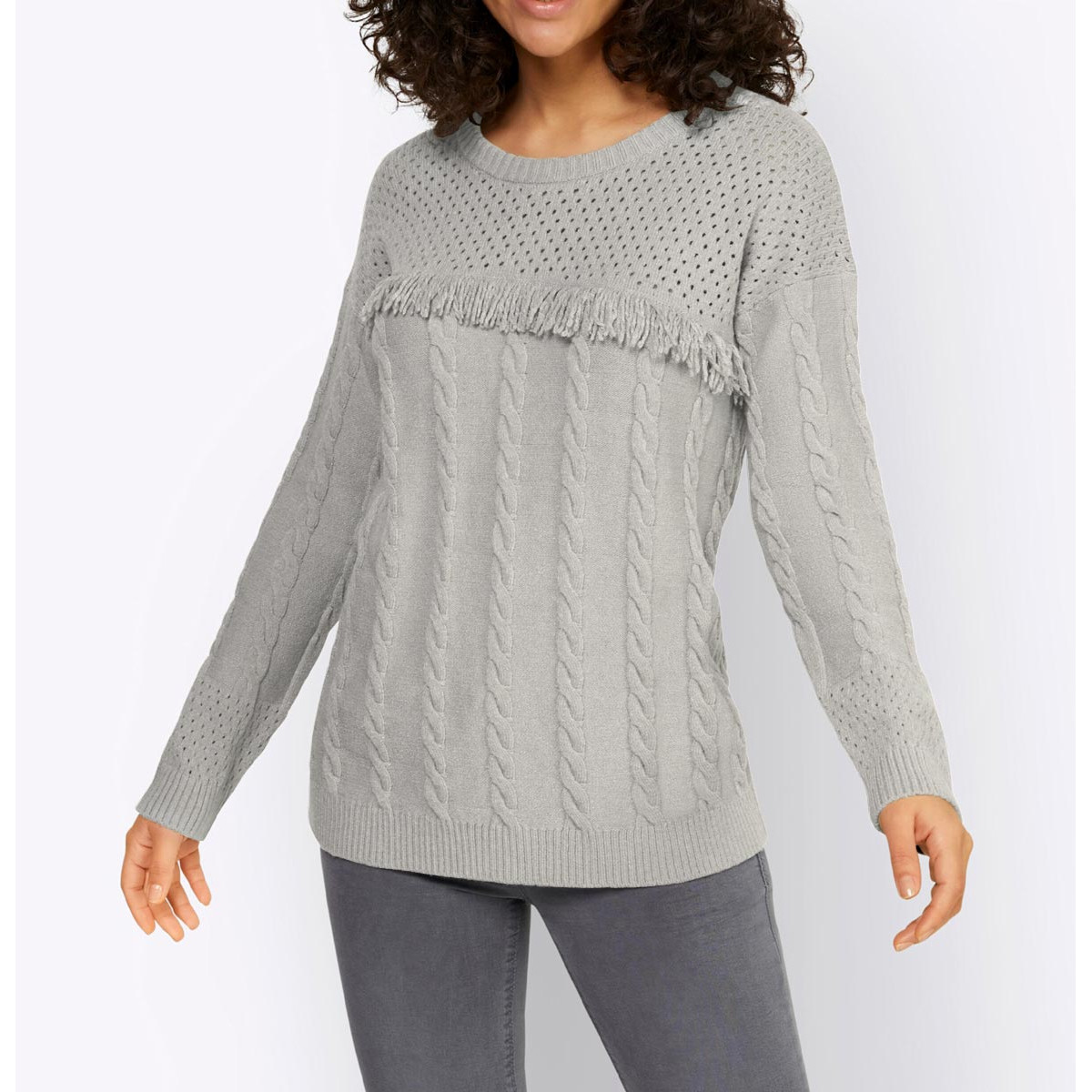 Designer-Kuschel-Pullover m. Zopfmuster hellgrau