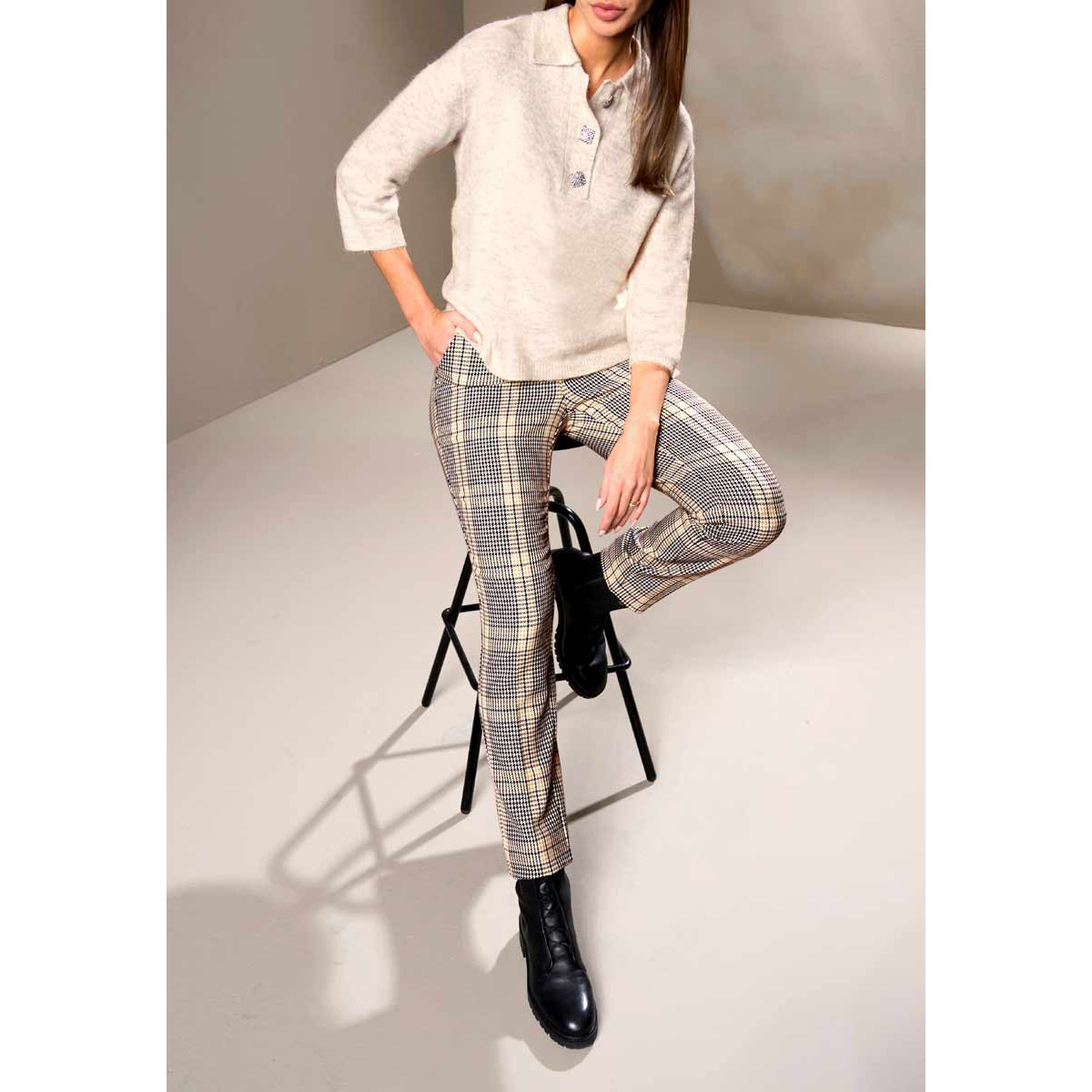 Designer-Polopullover m. Strassknöpfen champagner