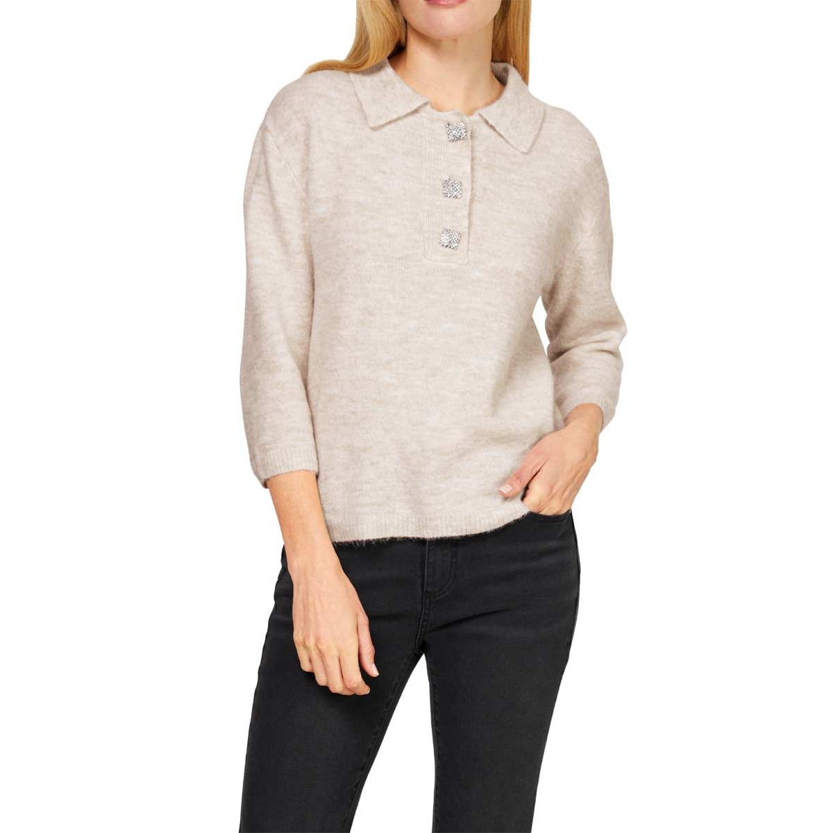 Designer-Polopullover m. Strassknöpfen champagner