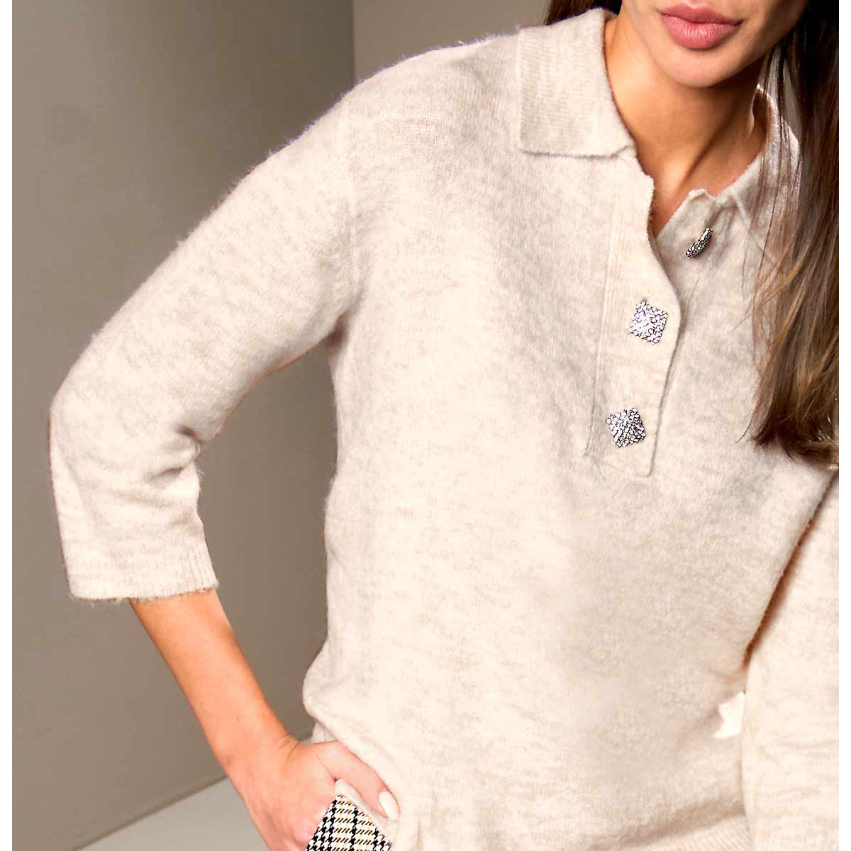 Designer-Polopullover m. Strassknöpfen champagner