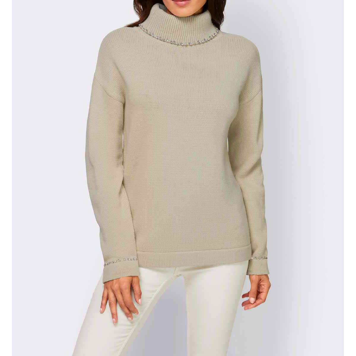 Designer-Rollkragenpullover m. Strass sand