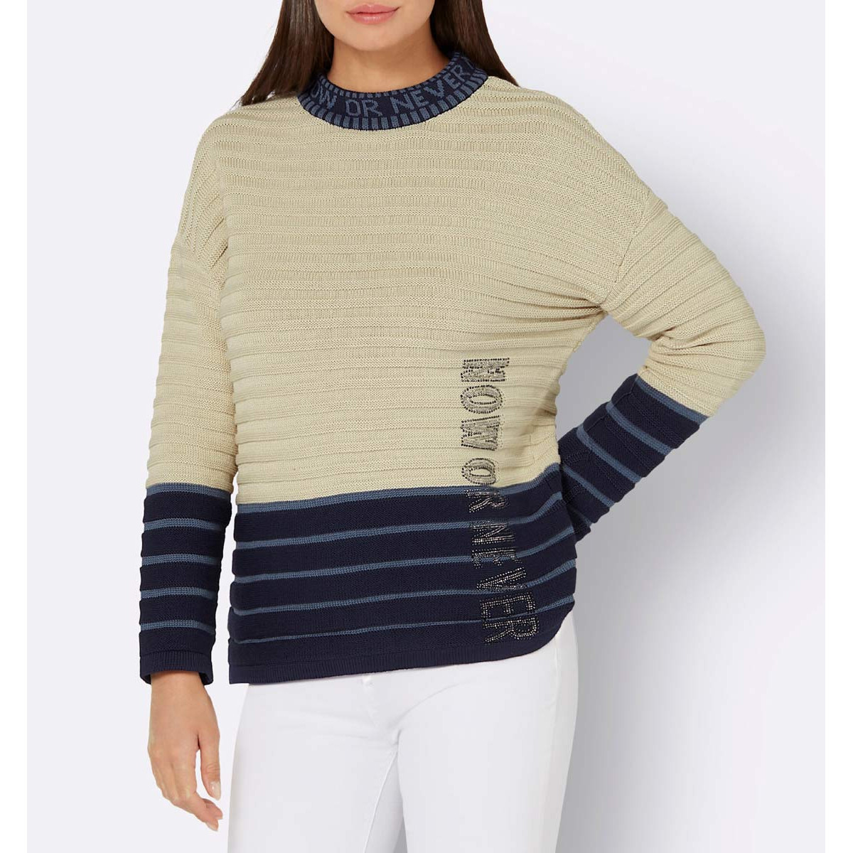 Stehkragenpullover in Ringel-Dessin marine-sand