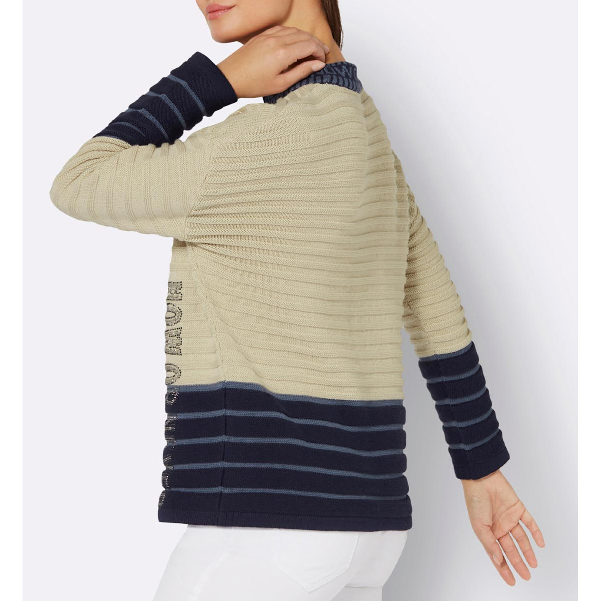 Stehkragenpullover in Ringel-Dessin marine-sand