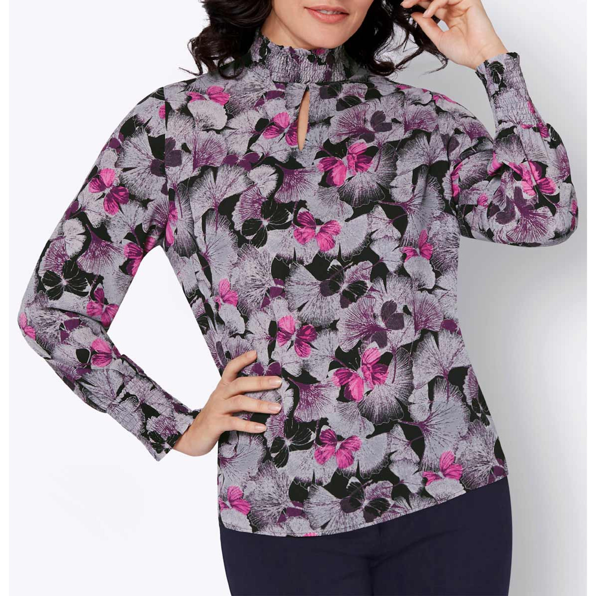 Crêpe-Druckbluse schwarz-flieder