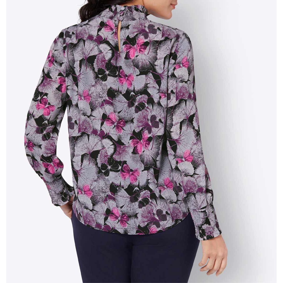 Crêpe-Druckbluse schwarz-flieder