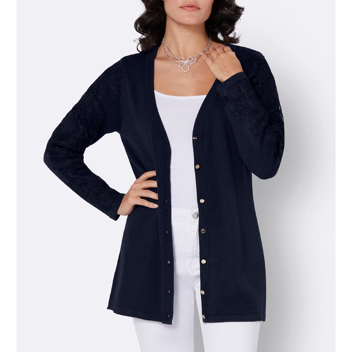 Strickjacke m. Spitze an den Ärmeln marine