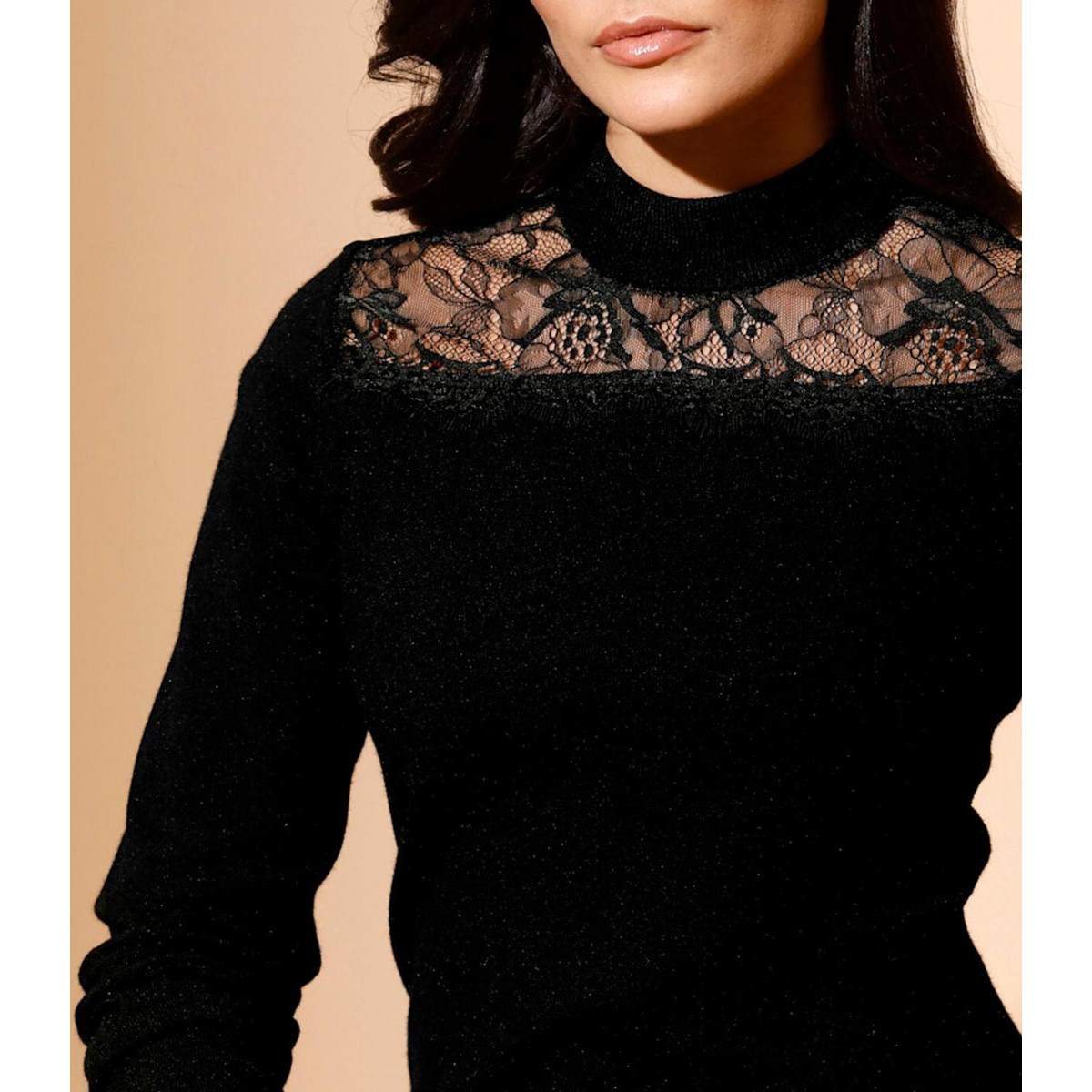 Stehkragenpullover mit Spitze schwarz