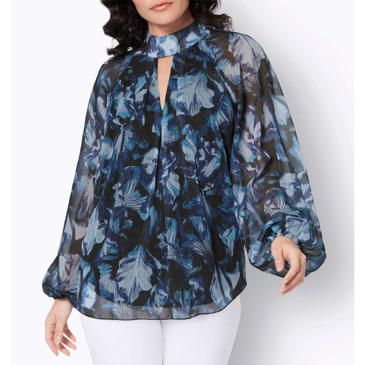 Chiffon-Druckbluse schwarz-royalblau