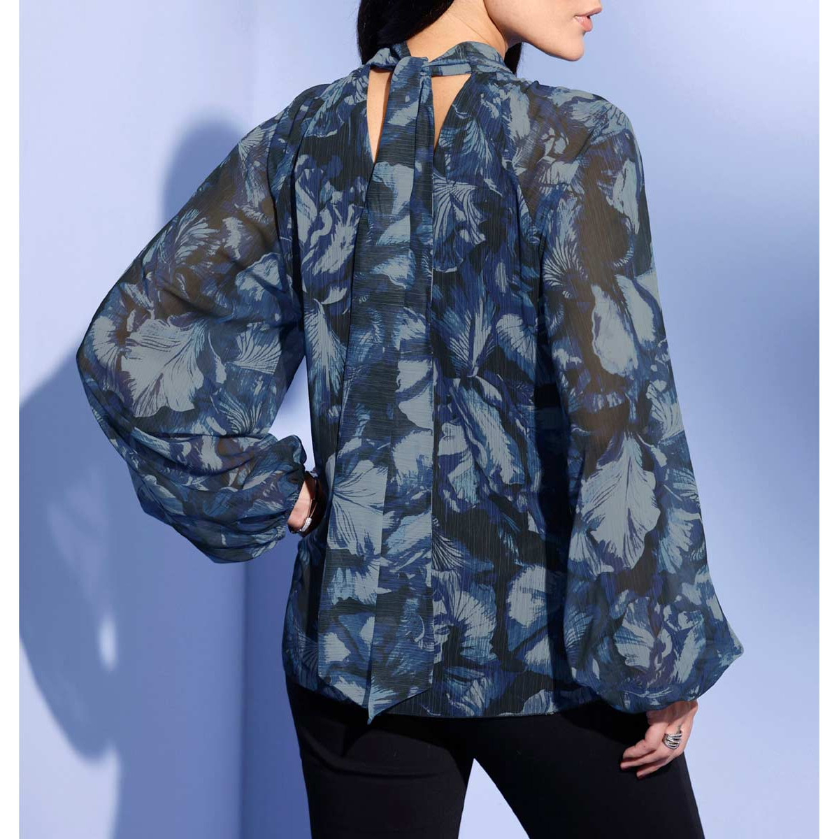 Chiffon-Druckbluse schwarz-royalblau