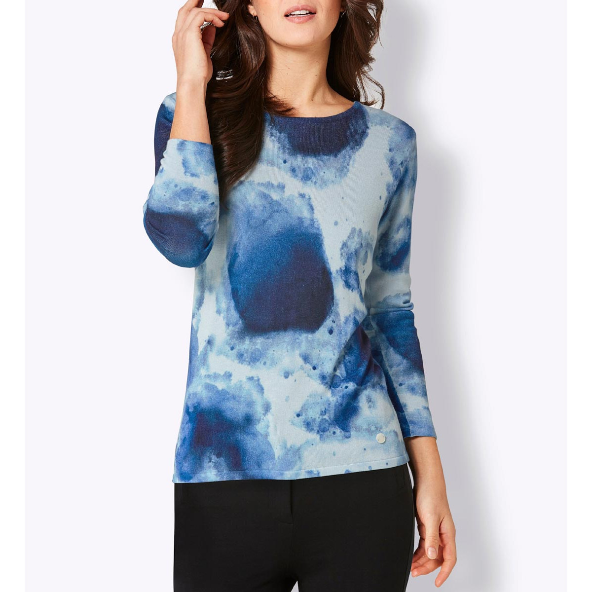Lyocell-Merino-Pullover hellblau-marine-bedruckt