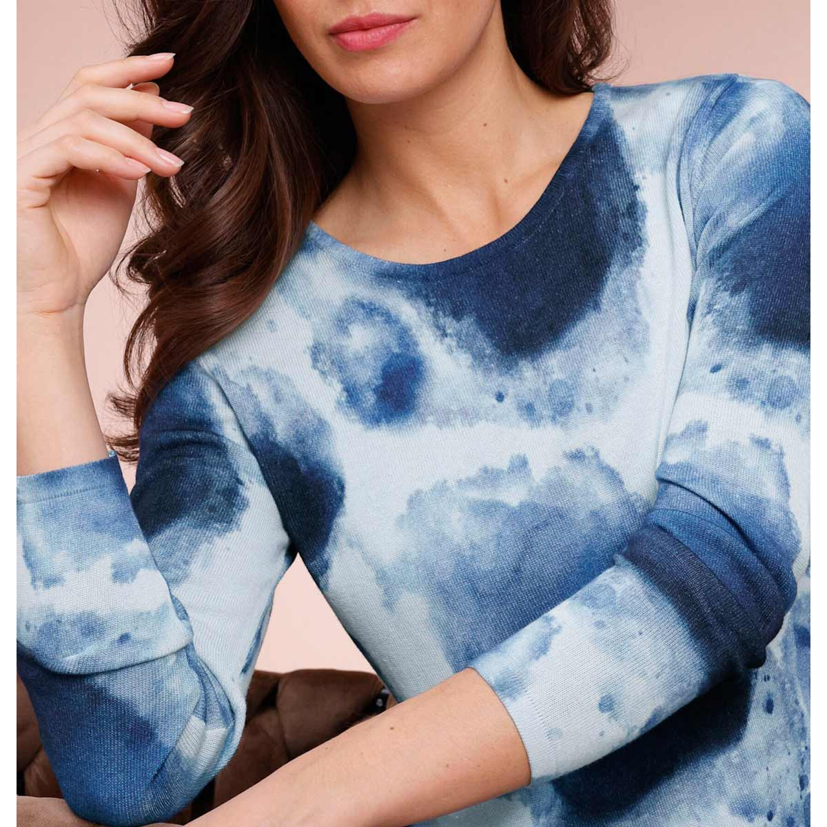 Lyocell-Merino-Pullover hellblau-marine-bedruckt