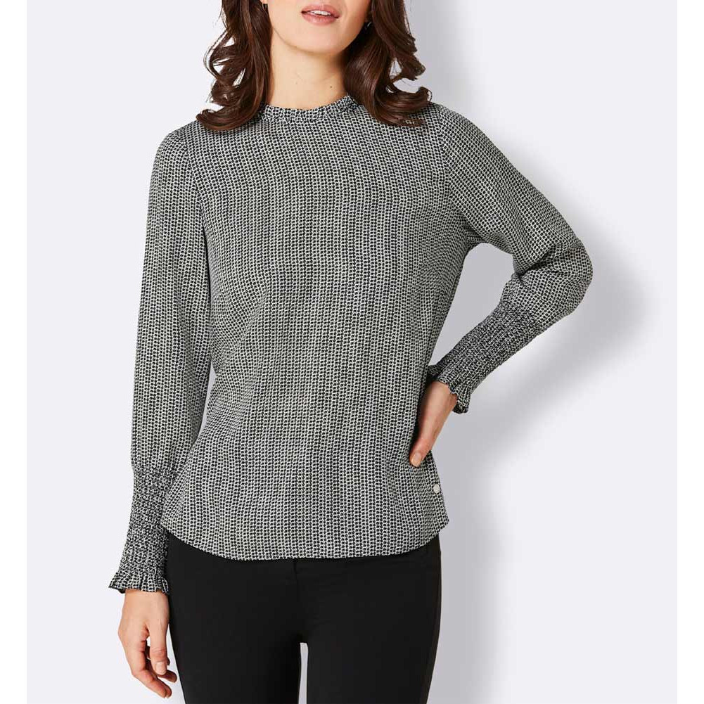 Lyocell-Druckbluse m. Rüschen ecru-schwarz
