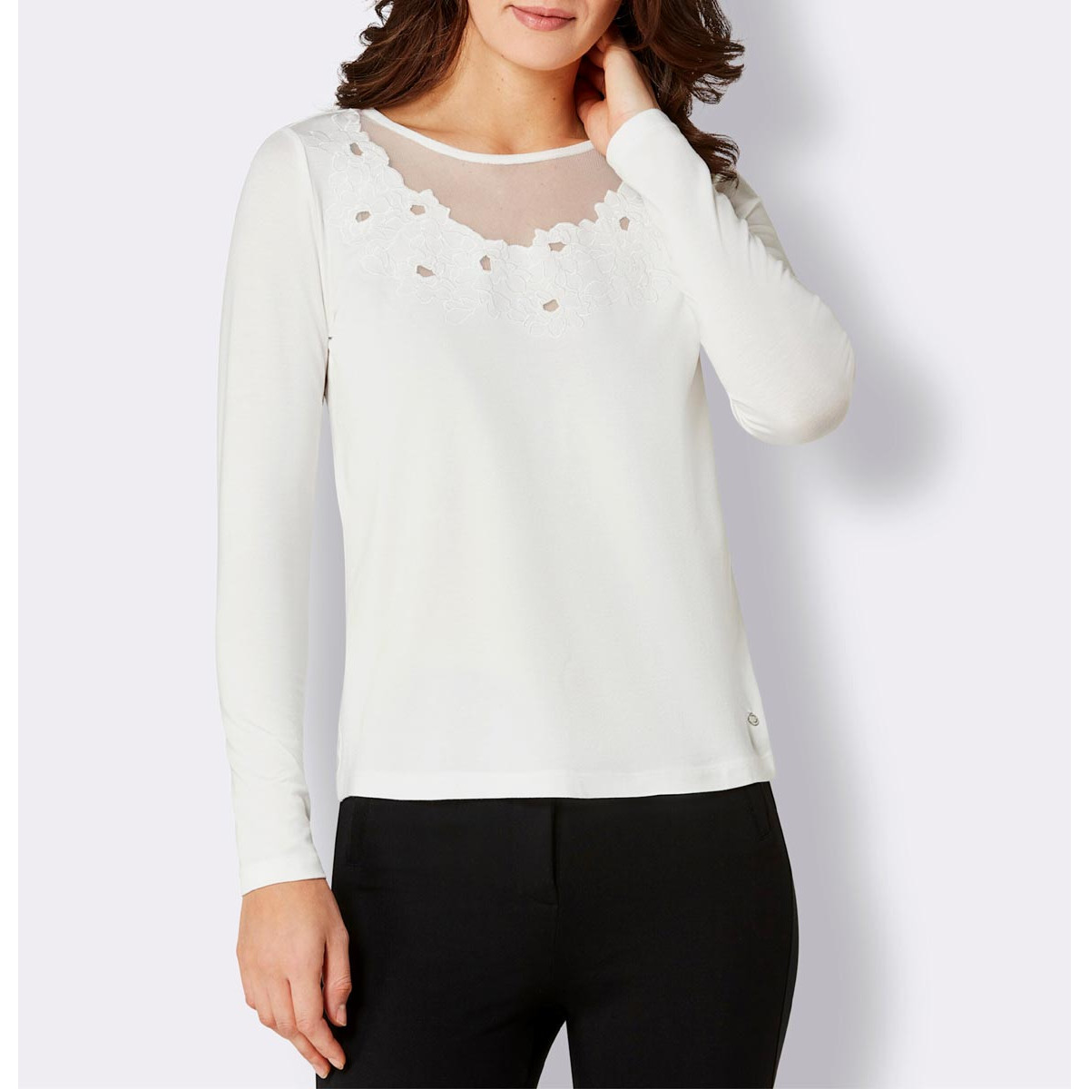 Modal-Shirt m. Netzeinsatz und Spitze ecru