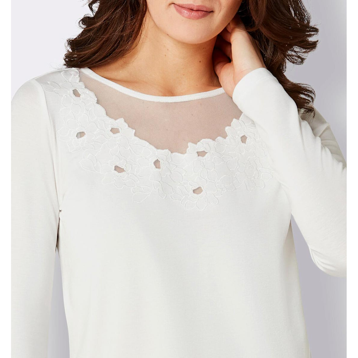 Modal-Shirt m. Netzeinsatz und Spitze ecru