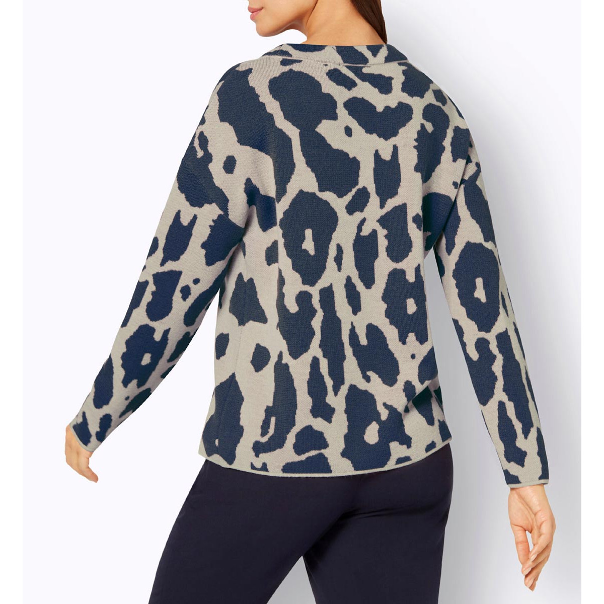 Jacquard-Pullover dunkelblau-sand