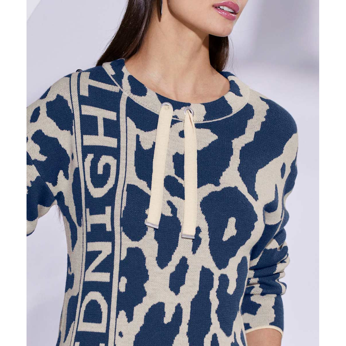 Jacquard-Pullover dunkelblau-sand