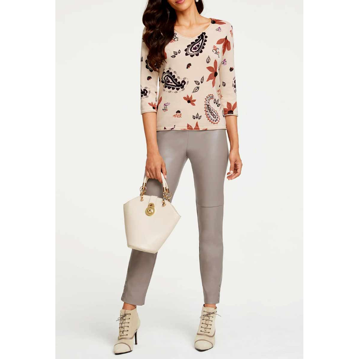 Designer-Druckpullover beige-bunt
