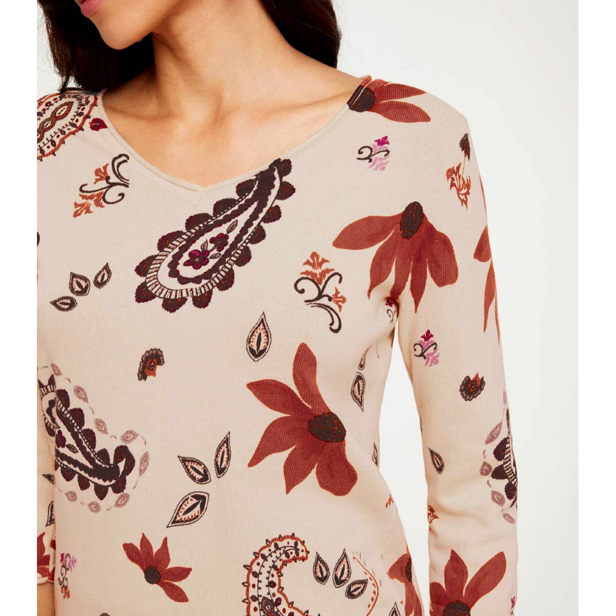 Designer-Druckpullover beige-bunt