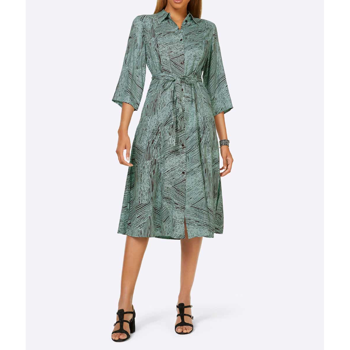 Druckkleid m. Krempelärmeln salbei-schwarz