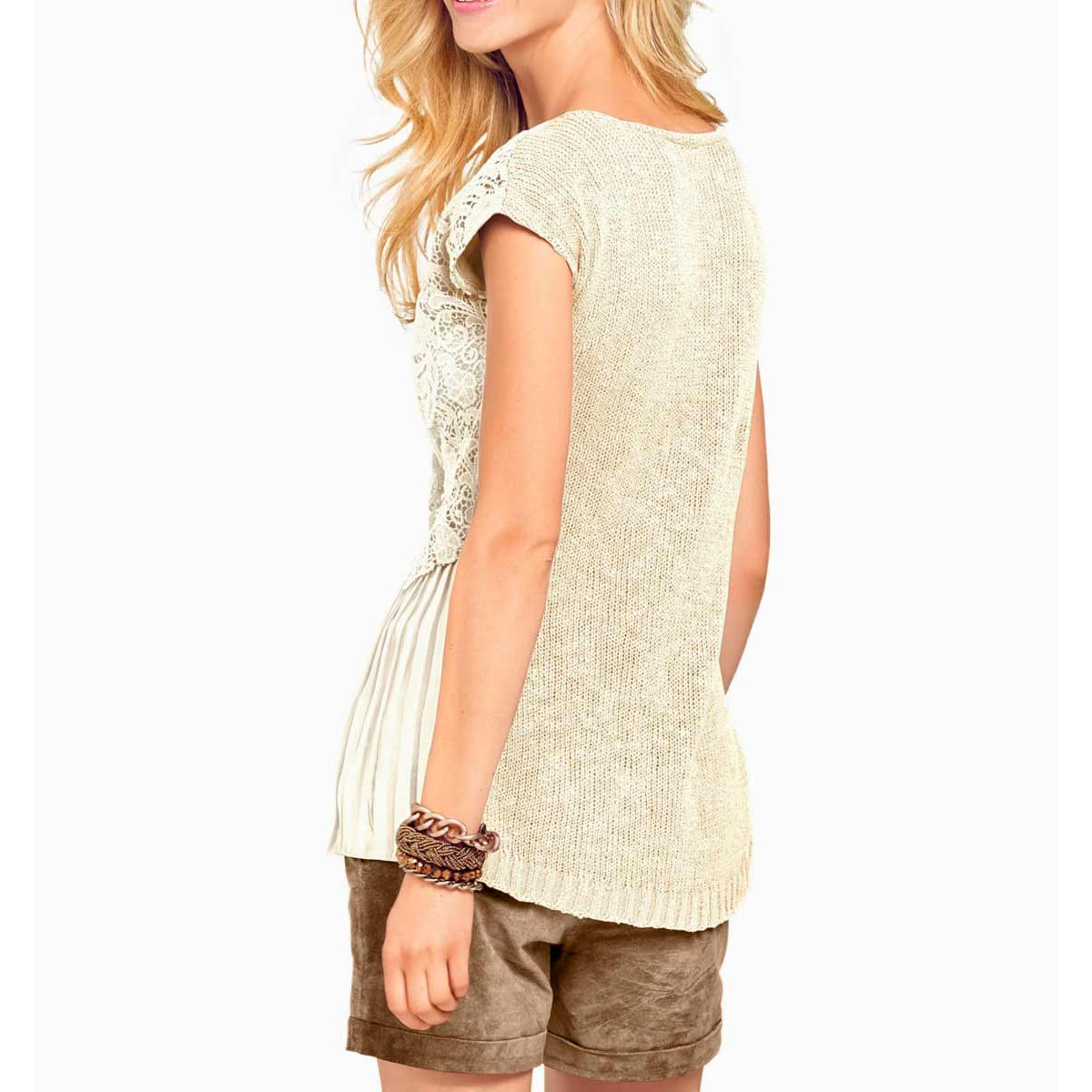 Designer-Stricktop m.Spitze-und Plisseeecru