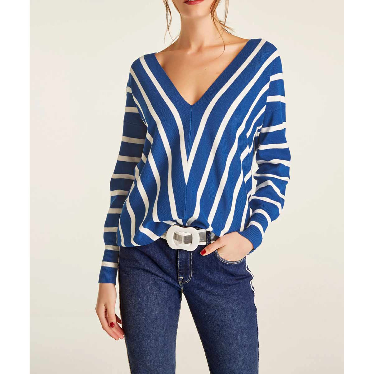 Designer-Streifenpullover blau-offwhite