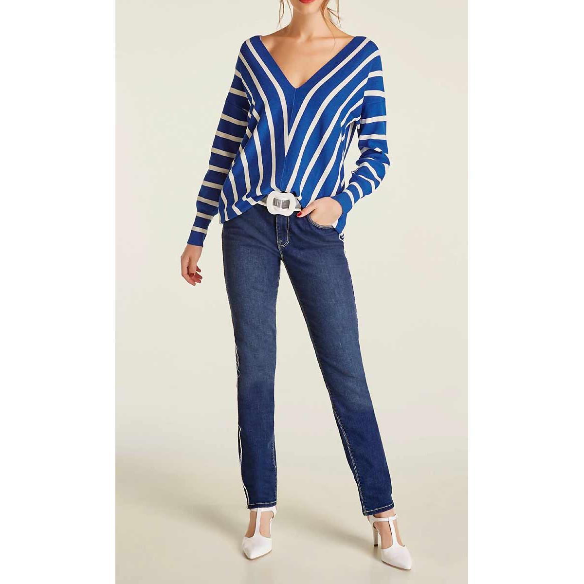Designer-Streifenpullover blau-offwhite