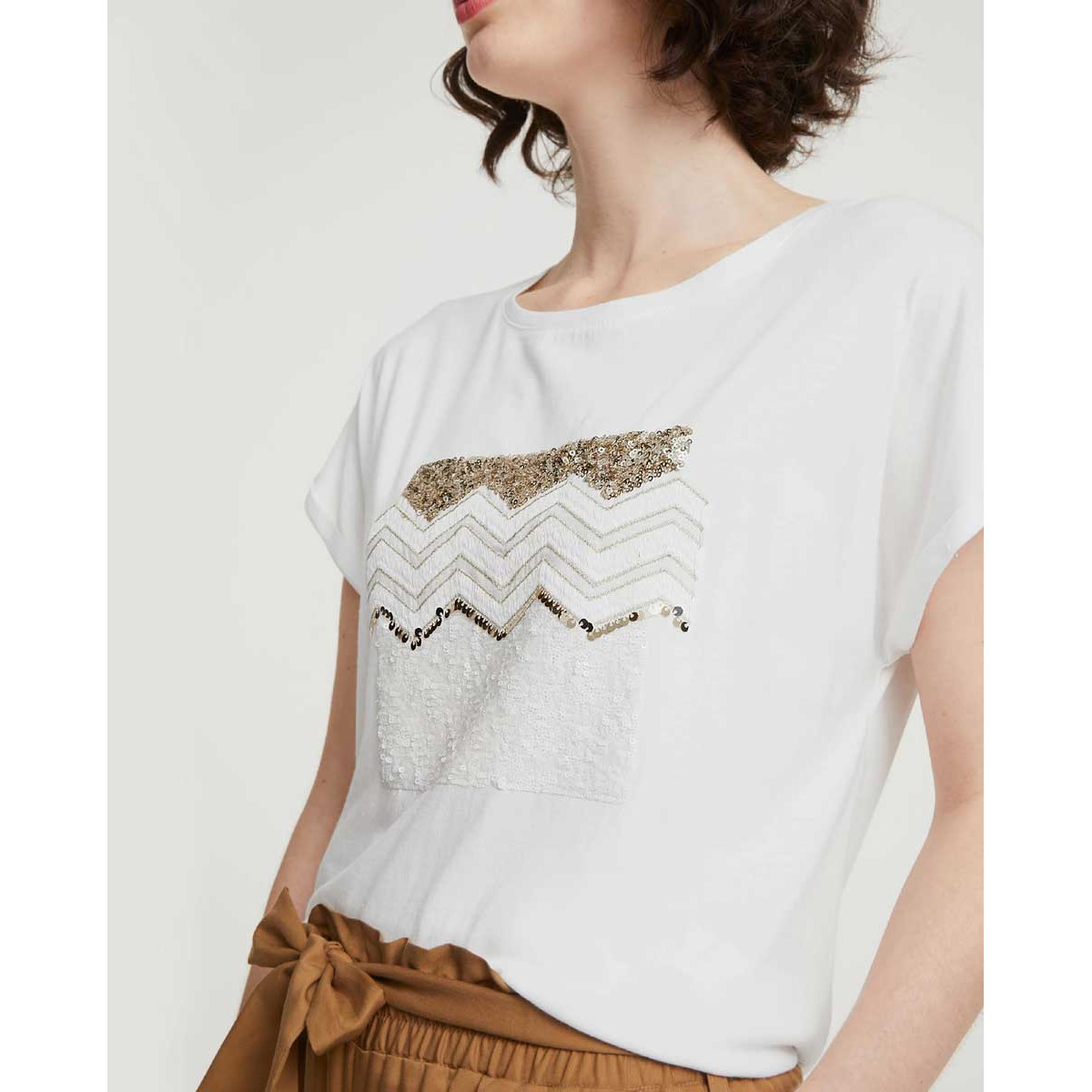 Designer-Shirt m.Paillettenstickerei offwhite