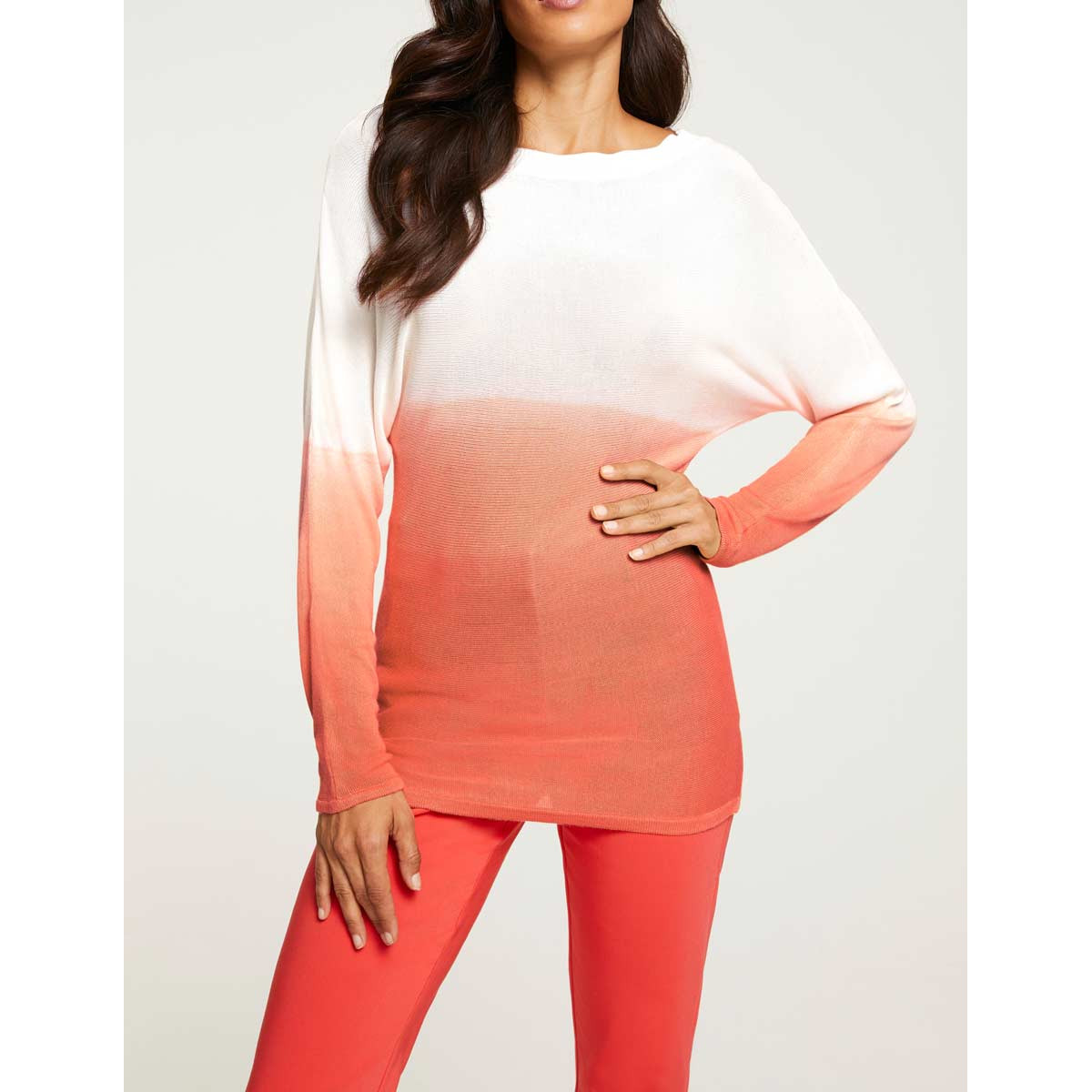 Designer-Pullover m. Farbverlauf papaya-weiß