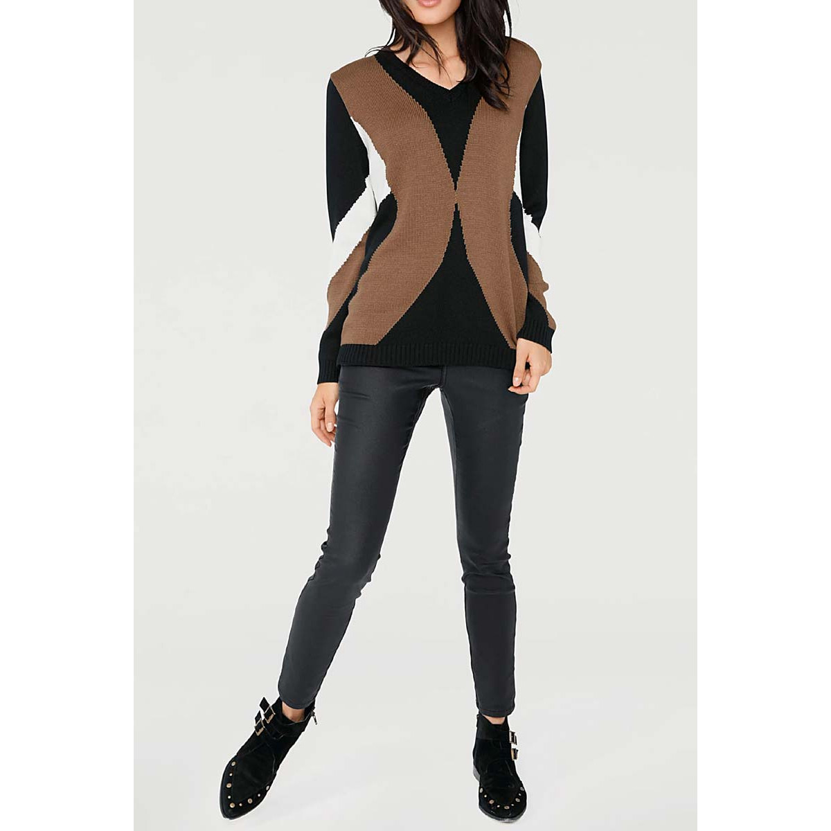 Designer-Intarsienpullover schwarz-cognac
