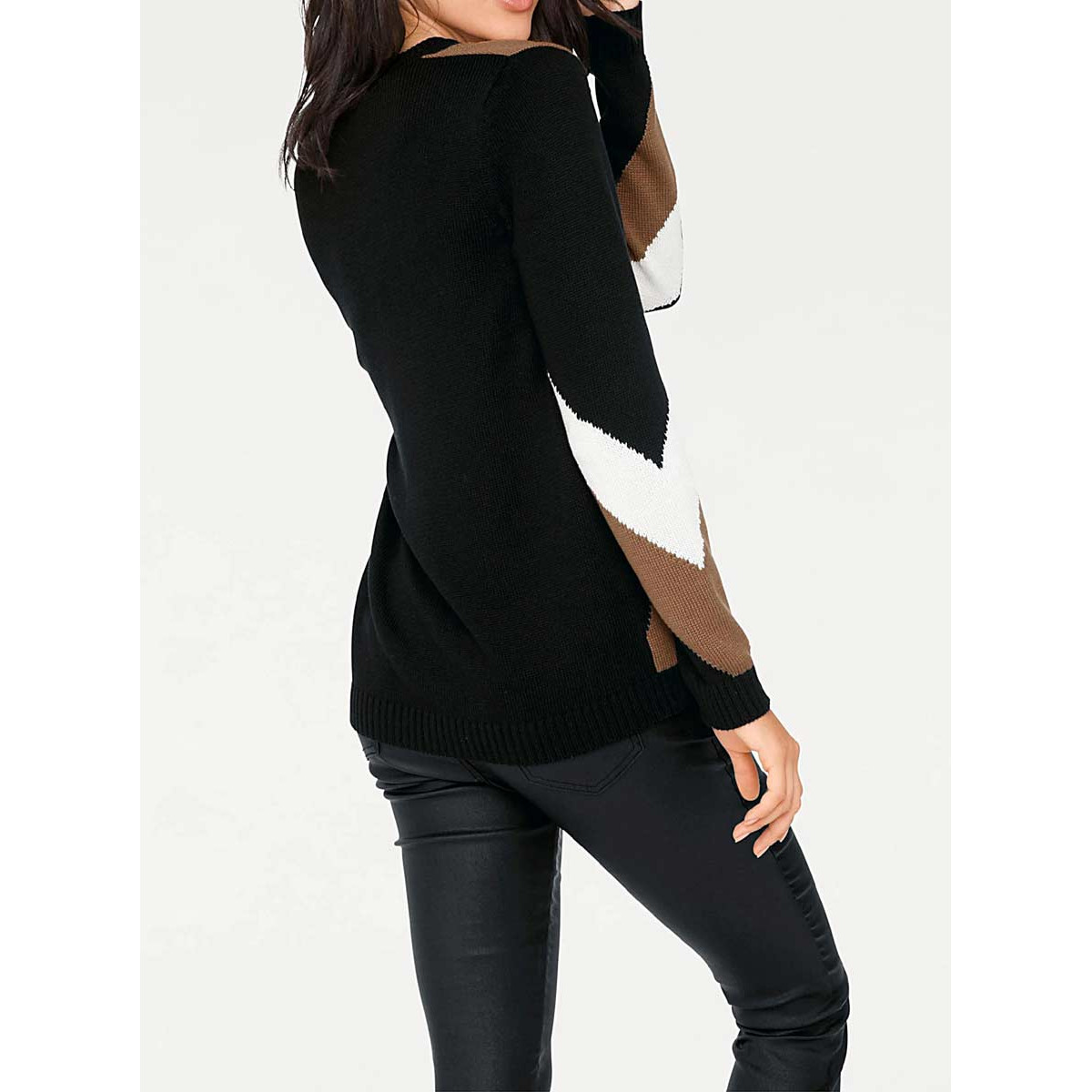 Designer-Intarsienpullover schwarz-cognac