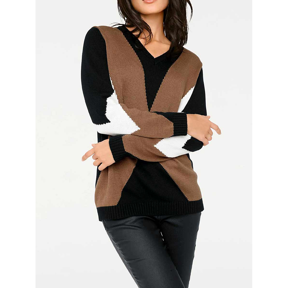 Designer-Intarsienpullover schwarz-cognac