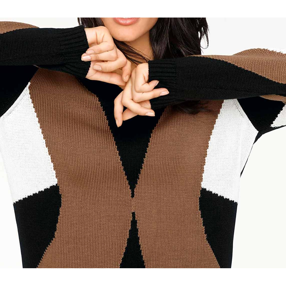Designer-Intarsienpullover schwarz-cognac