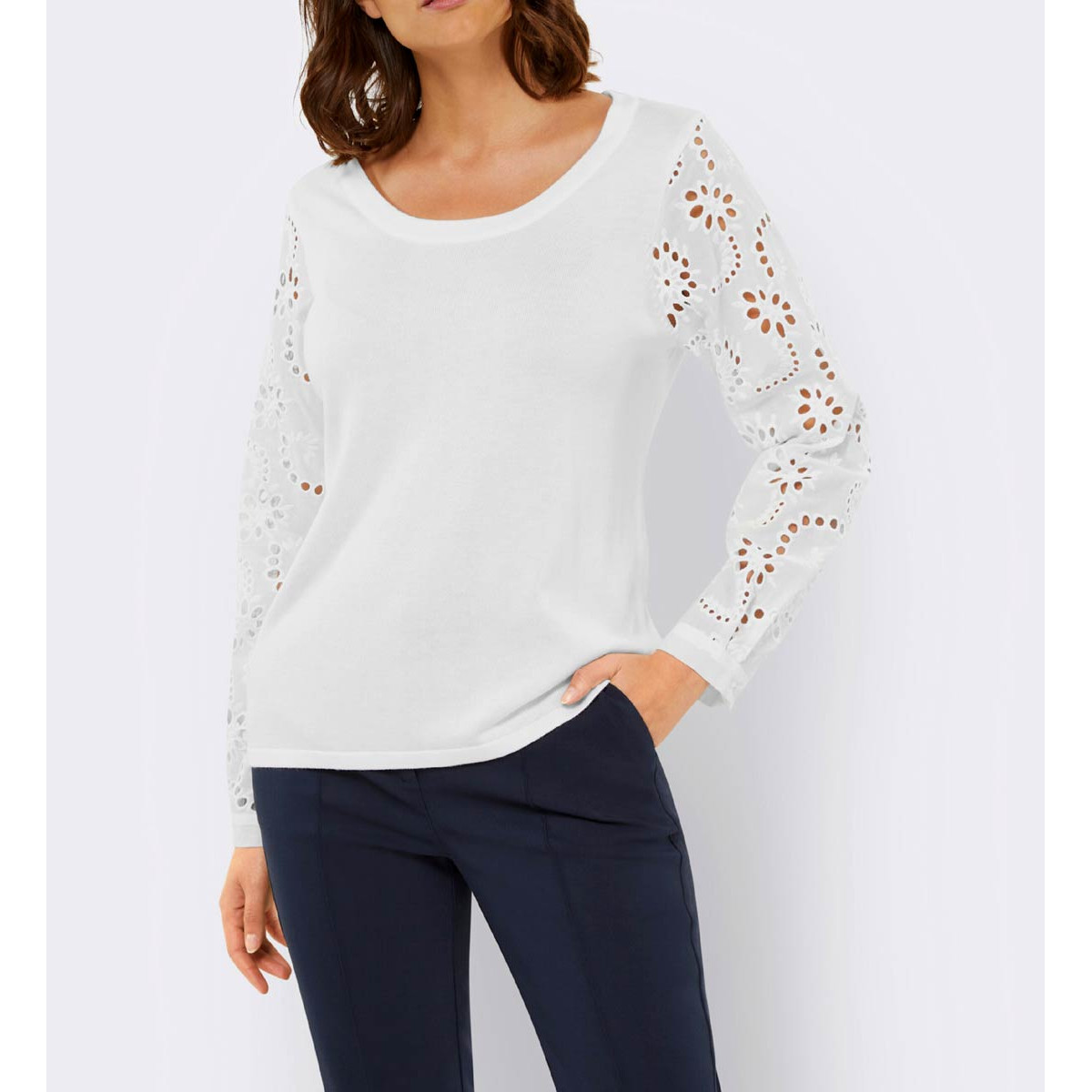 Designer-Pullover m. Lochstickerei-Spitze ecru