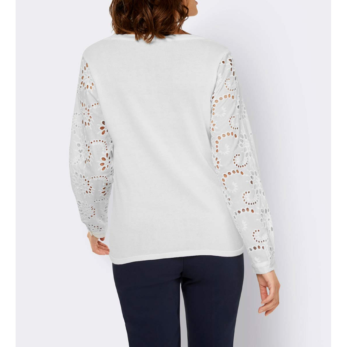 Designer-Pullover m. Lochstickerei-Spitze ecru