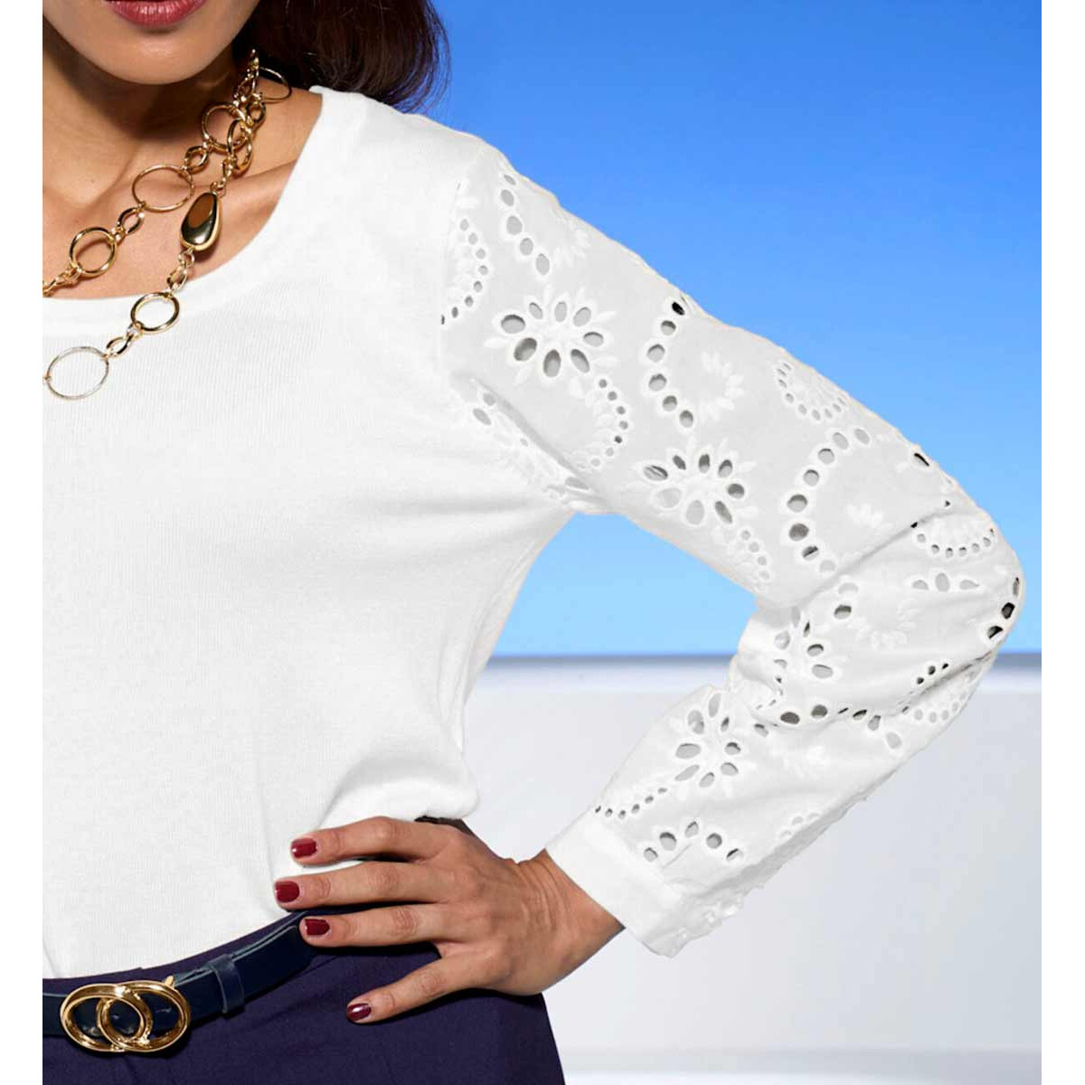 Designer-Pullover m. Lochstickerei-Spitze ecru