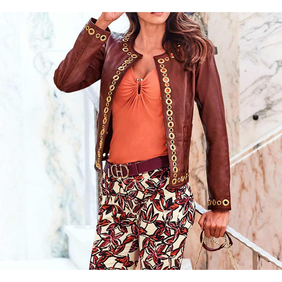 Designer-Lammnappalederjacke m. Ösen rotbraun