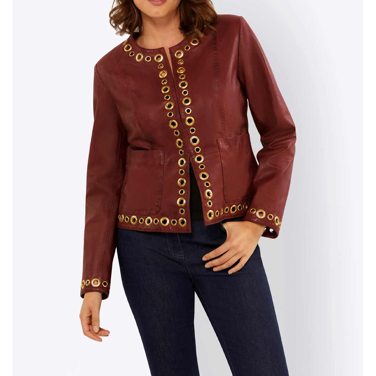 Designer-Lammnappalederjacke m. Ösen rotbraun
