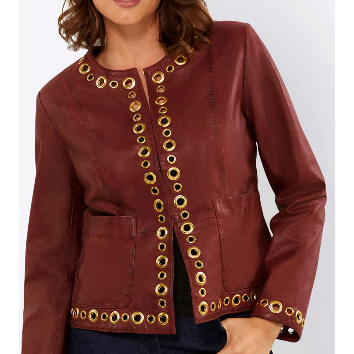 Designer-Lammnappalederjacke m. Ösen rotbraun