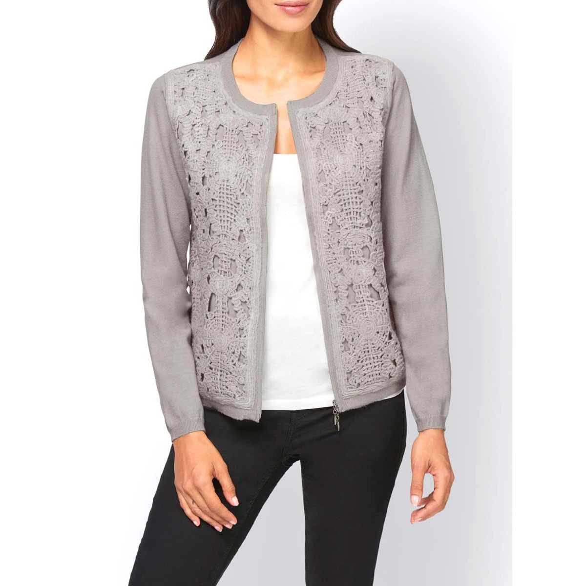 Designer-Strickjacke m. Kurbelstickerei h.grau