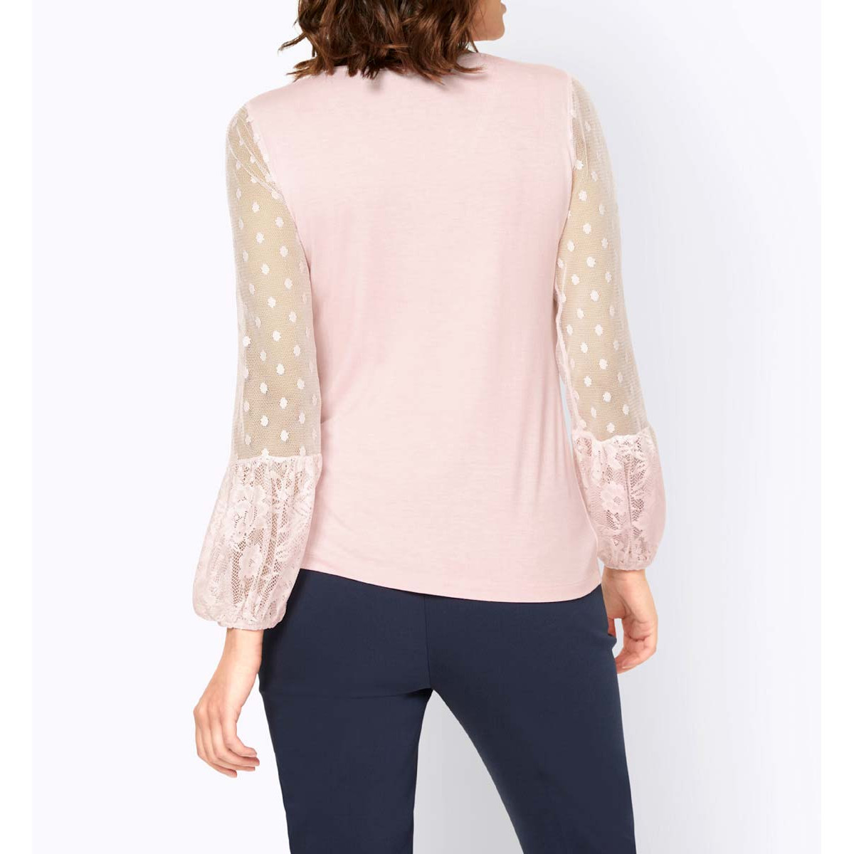 Designer-Shirt m. Langarm aus Spitze hellrosé