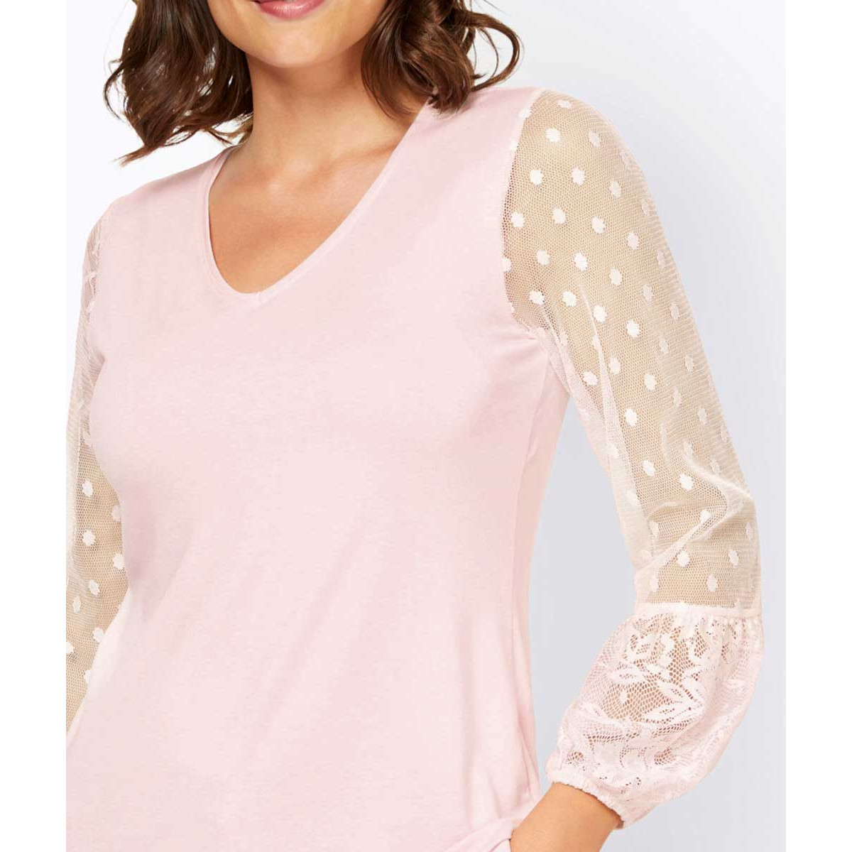 Designer-Shirt m. Langarm aus Spitze hellrosé