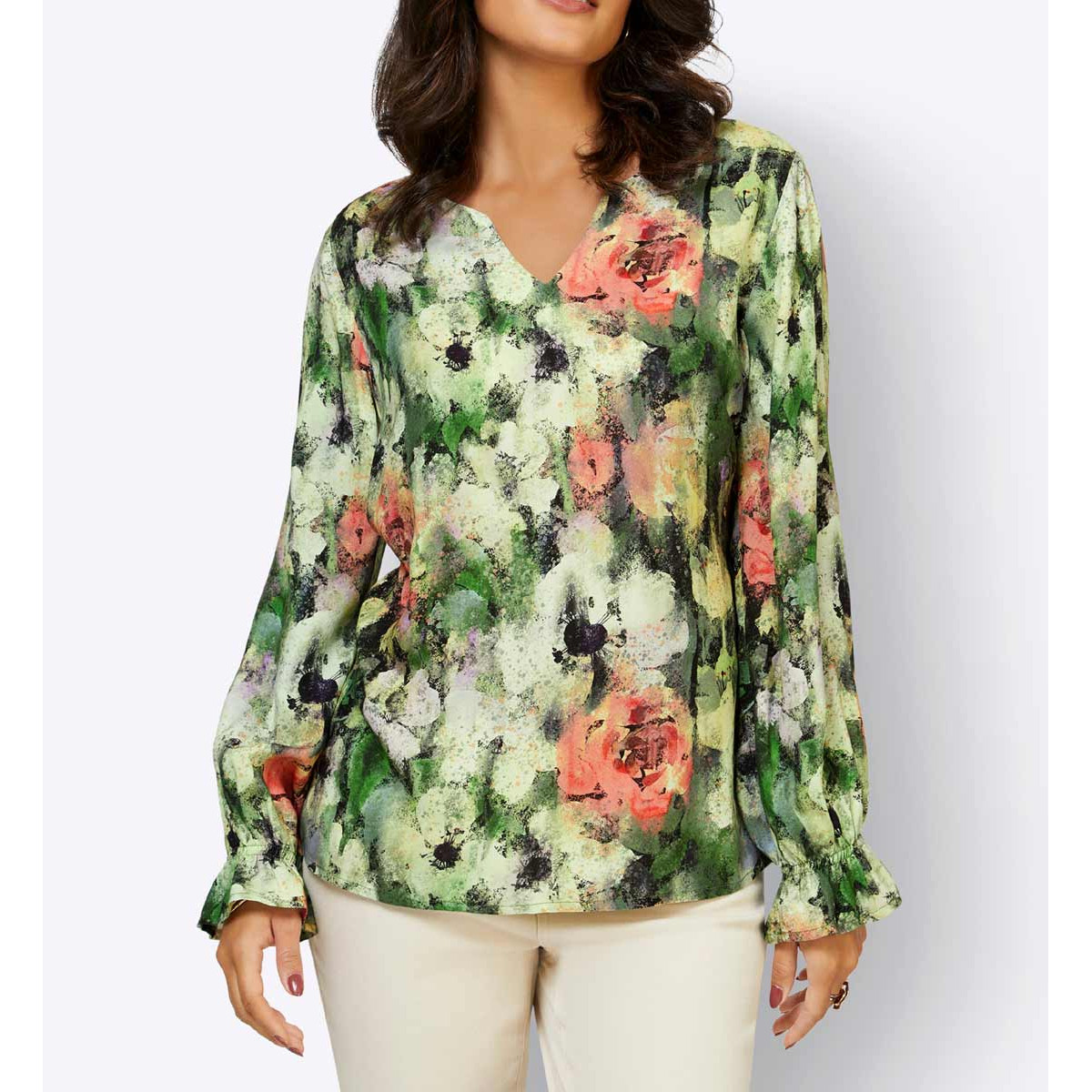 Druckbluse m. Rüschen reseda-apfel