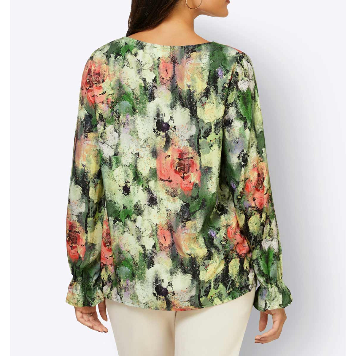 Druckbluse m. Rüschen reseda-apfel