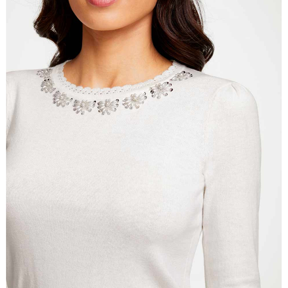 Designer-Feinstrickpullover m. Perlen ecru